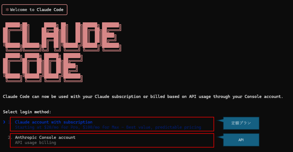 ClaudeCodeを起動した直後の画面で、認証方法の選択肢が表示されている画面キャプチャ